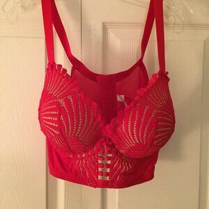 Cacique Bra 42C Boost Plunge Red Lace Overlay Padded Underwire  Nice, clean pre-
